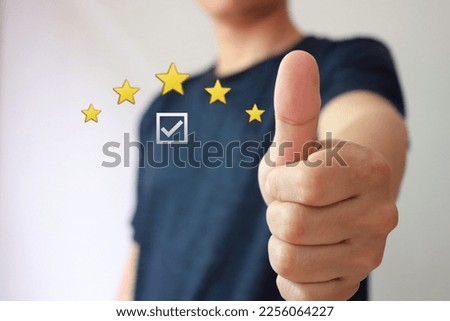 Customer satisfaction concept. thumb up, giving a five star rating. Service rating, satisfaction concept