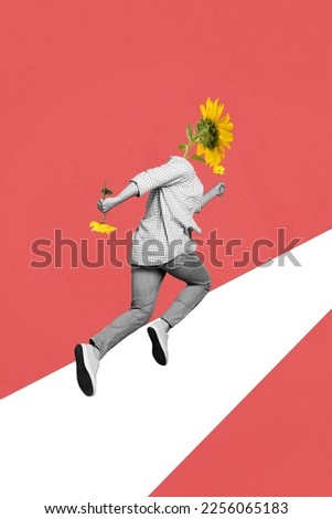 Photo 3d collage poster postcard picture artwork of funky crazy man daisy instead face running date isolated on drawing background