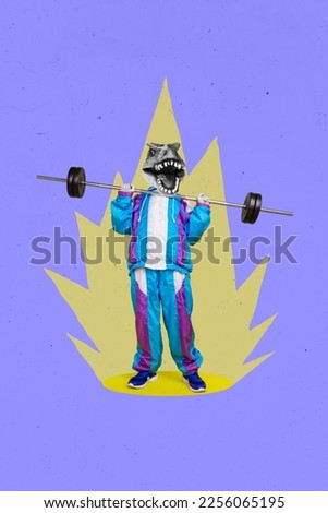 Collage artwork graphics picture of strong cool sporty guy dino head rising barbell isolated painting background