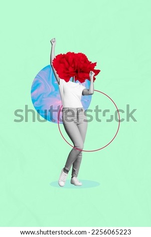 Vertical collage picture of black white effect carefree girl dancing raise fists flower instead head isolated on painted background