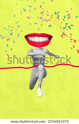Artwork magazine collage picture of purposeful lady mouth instead head win runner isolated drawing background