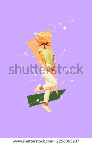 Creative vertical photo collage picture poster magazine of weird lovely shy girl flower instead face isolated on painted background