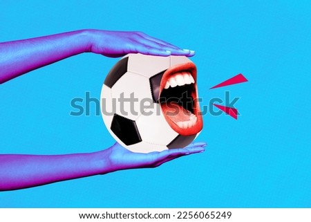 Photo creative retro collage picture image artwork of human arm hold ball shouting hooray goal isolated on painted background