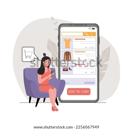 Woman ordering clothes in online store via smartphone. Vector illustration.
