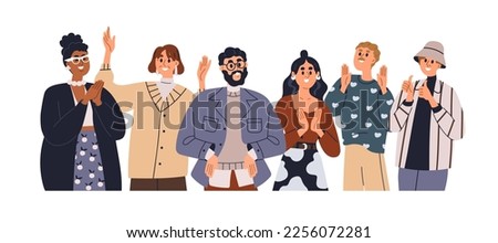 Happy people celebrating applauding. Excited audience, spectators clapping hands. Diverse men, women characters group exulting during celebration. Flat vector illustration isolated on white background Royalty-Free Stock Photo #2256072281
