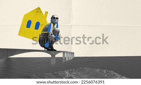 Conceptual design. Young girl with house behind back crying, losing home, escaping hometown. Moving to another place. Concept of social conditions, migration, immigration, refugee help