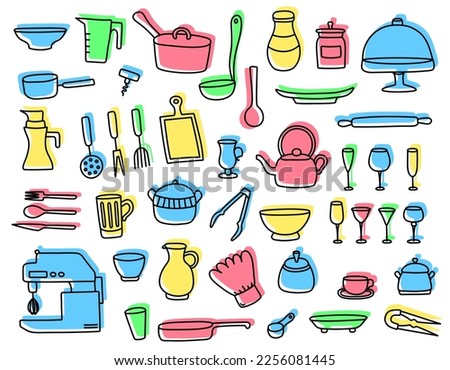 Collection of flat colorful hand drawn kitchenware - kettles, pans, tableware, knives, glasses, cups, jars, plates, etc Linear freehand kitchen utensils for cooking. Outline doodle cutlery silhouettes