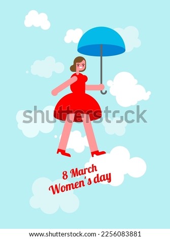March 8 Cheerful woman flies on an umbrella. International Women's Day postcard, congratulation