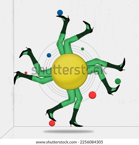 Contemporary art collage. Creative surrealistic design. Game. Female legs on green tights and heels spinning around yellow dot. Imagination, surreal art, inspiration, abstraction. Magazine style