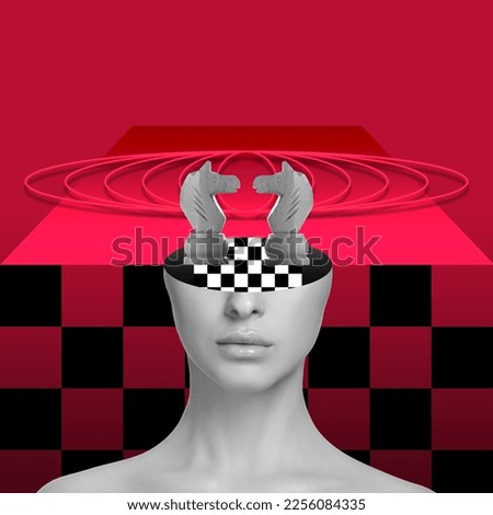 Contemporary art collage. Creative surreal design. Chess game. Cut female face with chess board and chess piece of knight. Concept of imagination, surreal art, inspiration, abstraction. Magazine style Royalty-Free Stock Photo #2256084335