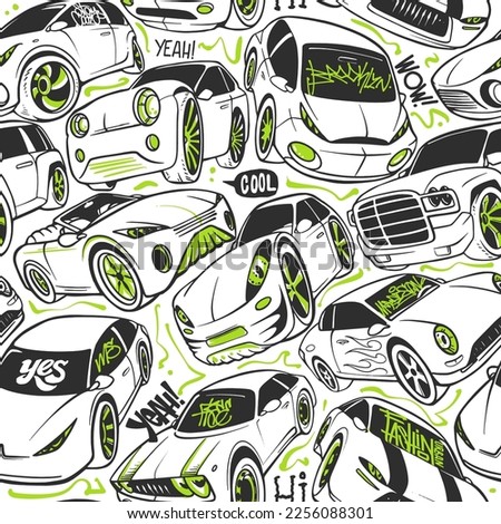 Seamless pattern with handwritten cars. Vector illustration