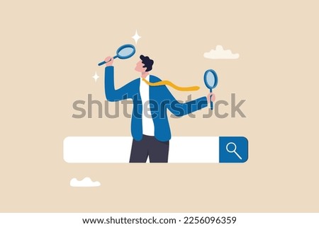 Search, discover or research, SEO, search engine optimization, finding information, new job or explore websites concept, businessman with magnifying glass discover new websites from search box. Royalty-Free Stock Photo #2256096359