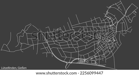 Detailed negative navigation white lines urban street roads map of the LÜTZELLINDEN DISTRICT of the German town of GIESSEN, Germany on dark gray background