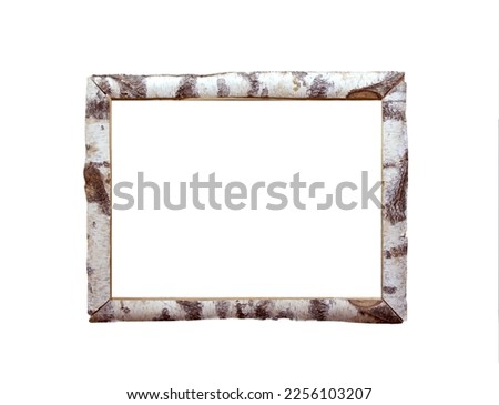 Frame made of birch bark isolated on white background. Natural Wooden template. Mockup for photos or pictures. Front view. Handmade. Real photo.