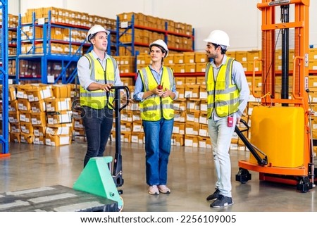 Engineer team shipping order detail check goods and supplies on shelves with goods background inventory in factory warehouse.logistic industry and business export