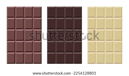 Chocolate illustration, a sweet dessert food made from cacao in the shape of a square block. A set of 3 types of dark, milk, and white chocolate.