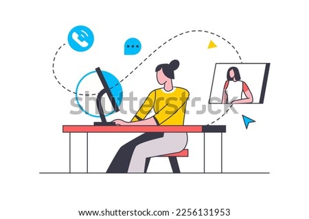 Video conference flat line concept. Woman talking in group online chat with colleague or friend. Online communicating and distant meeting. Vector illustration with outline people scene for web design