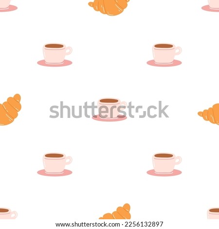 Seamless pattern with coffee mug and croissant on white background. Flat vector texture for wrapping paper, textile, web design.