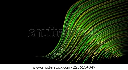 Abstract illustration with many thin curved stripes in shades of green and yellow colors on black background