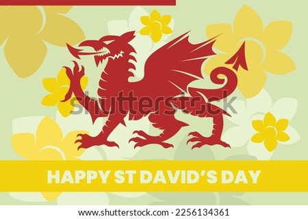 Illustration vector graphic of happy st david's day. Red welsh dragon and yellow flower. Good for poster Royalty-Free Stock Photo #2256134361
