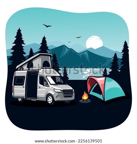 RV camping and camper van concept art. illustration of beautiful landscape, lake, mountains