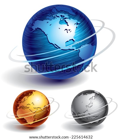 Three brushed metal globes. Eps8. CMYK. Organized by layers. Global colors. Gradients used.
