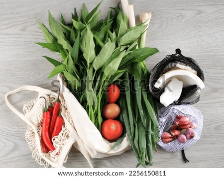 Fresh Organic Vegetables in Eco Reusable Produce Shopping Bags, Flat Lay