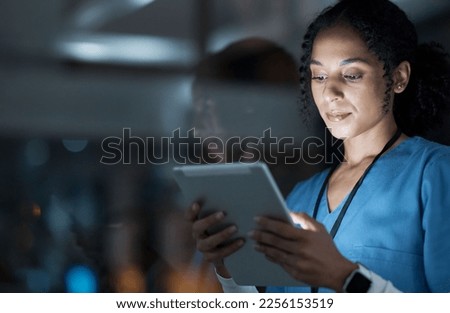 Medical, research and night with doctor and tablet for planning, medicine and schedule. Technology, review and digital with black woman reading report for healthcare, science and life insurance news