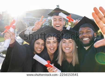 University student group, selfie and holding diploma with pride, success and happiness with support for diversity. Friends, students and graduate celebration photo for education, learning and future