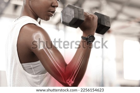 Bone hologram overlay, black woman athlete and weight training of a strong female athlete. Gym workout, strength exercise and arms muscle gain with red joint inflammation illustration with fitness Royalty-Free Stock Photo #2256154623