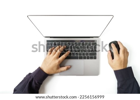 Top view of Man's hand in black long sleeve shirt is using laptop and mouse to work or play games. isolated on white background. 