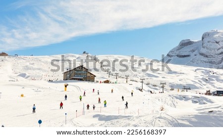 View of Passo Groste - Ski slopes of Madonna di Campiglio. Alpine Ski resort of Trentino Alto Adige into Dolomiti di Brenta Park. Italy Royalty-Free Stock Photo #2256168397