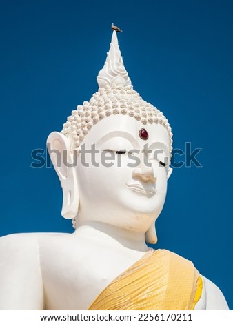 A white Buddha image with a clear blue sky as a backdrop