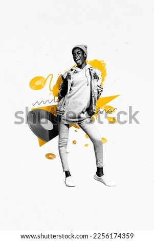 Creative photo collage picture artwork poster sketch of crazy overjoyed girl spending free time karaoke club isolated on painted background