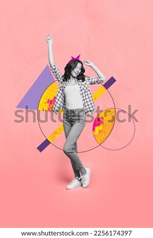 Vertical collage picture of excited cheerful black white effect girl enjoy dancing disco ball isolated on painted background
