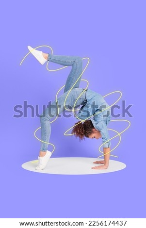 Vertical collage picture of sporty girl hands legs stand make bridge isolated on painted background