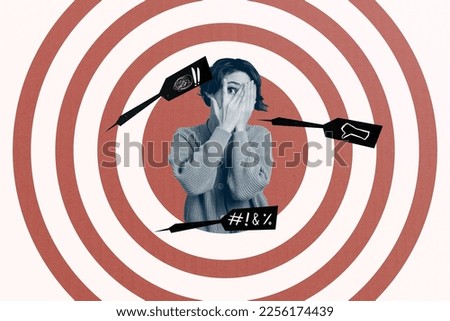 Photo 3d collage poster postcard picture of upset dissatisfied lady suffering followers comments own blog isolated on drawing background