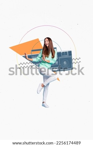 Vertical collage image of positive nice mini girl dancing partying big boombox isolated on drawing background