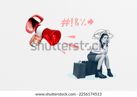 Photo collage artwork minimal picture of upset sad lady listening flight delay announcement isolated drawing background Royalty-Free Stock Photo #2256174513