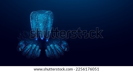 Two human hands are holds tooth. Abstract wireframe low poly style banner. Dentistry services, teeth treatment, dental care, stomatology concept. Dark blue background. Vector illustration.   Royalty-Free Stock Photo #2256176051
