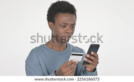Casual African Man having Online Payment Problem on White Background
