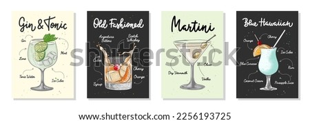 Set of 4 advertising recipe lists with alcoholic drinks, cocktails and beverages lettering posters, wall decoration, prints, menu design. Hand drawn typography with sketches. Handwritten calligraphy. Royalty-Free Stock Photo #2256193725