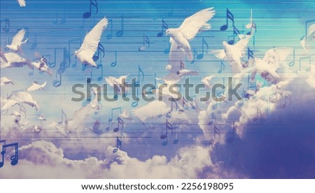 Music background design.Musical writing.Abstract background of doves flying in sky.Musical notes and musical signs of abstract music sheet.Songs and melody concept.