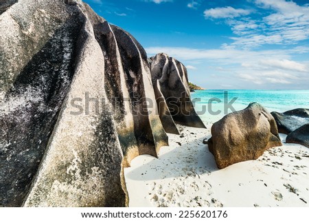 Anse Sous d'Argent beach with granite boulders and turquoise sea