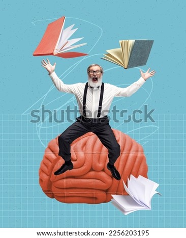 Contemporary art collage. Creative design. Senior emotional man, teacher, professor over blue background. Professor, brainstorming. Profession, occupation and education, surrealism and creativity Royalty-Free Stock Photo #2256203195