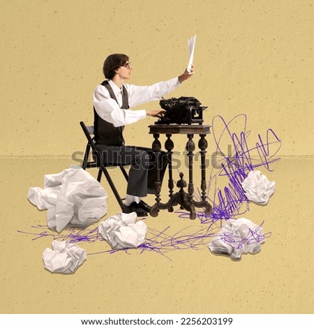 Contemporary art collage. Creative young man, writer making new story, writing novel on typewriter. Concept of inspiration, creativity, surrealism, business, imagination. Copy space for ad, poster Royalty-Free Stock Photo #2256203199