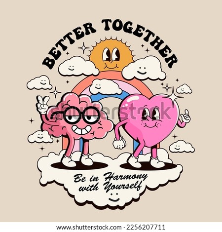 Emotions and intelligence harmony or inner balance concept with funny cartoon characters of heart and brain walk holding hands isolated on light background for poster or card or t-shirt print design