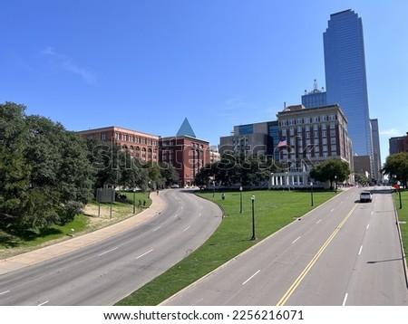Picture of the Dealey Plaza taken from a footbridge crossing Elm Street in downtown Dallas Texas where JFK was assassinated in 1963. Royalty-Free Stock Photo #2256216071