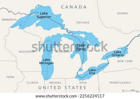 Great Lakes of North America, political map. Lake Superior, Michigan, Huron, Erie and Lake Ontario. A series of large interconnected freshwater lakes on or near the border of Canada and United States. Royalty-Free Stock Photo #2256224517