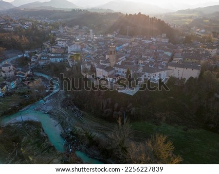 Italy, January 2023: aerial view of the medieval village of Pergola after the flood of September 2022. The village is located in the Marche region in the province of Pesaro and Urbino